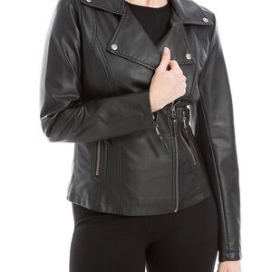 Max Studio Black Vegan Leather Punk Moto Jacket w/  Multi Zipper Detail